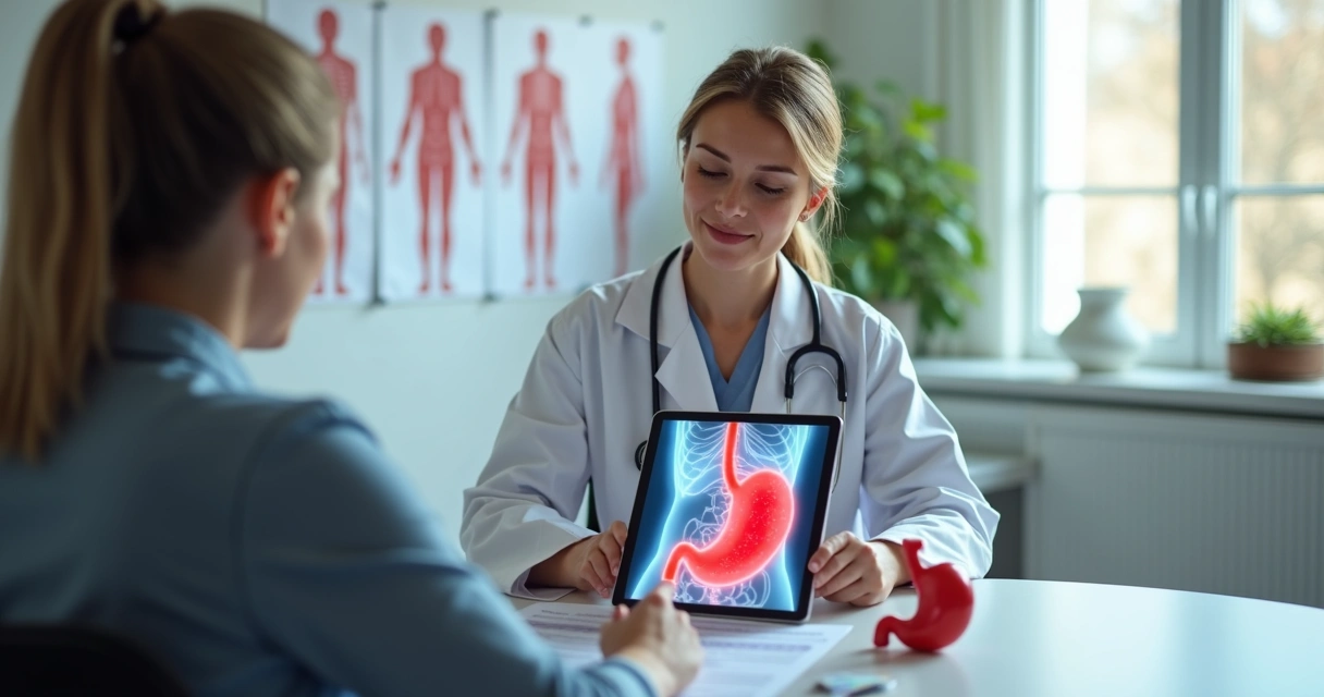 Médica explica sintomas de câncer de estômago a paciente em consultório 