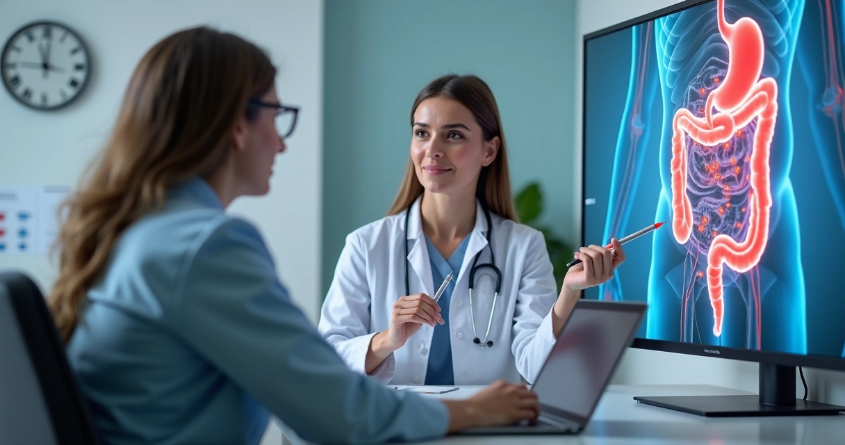 Médica oncológica explicando metástase para paciente com imagem de órgãos afetados ao fundo 