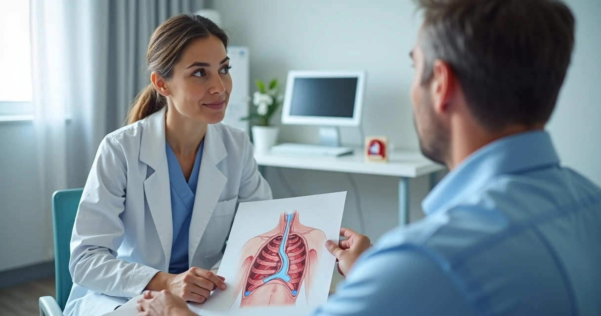 Médica oncológica mostrando em ilustração onde fica o port-a-cath no tórax do paciente 