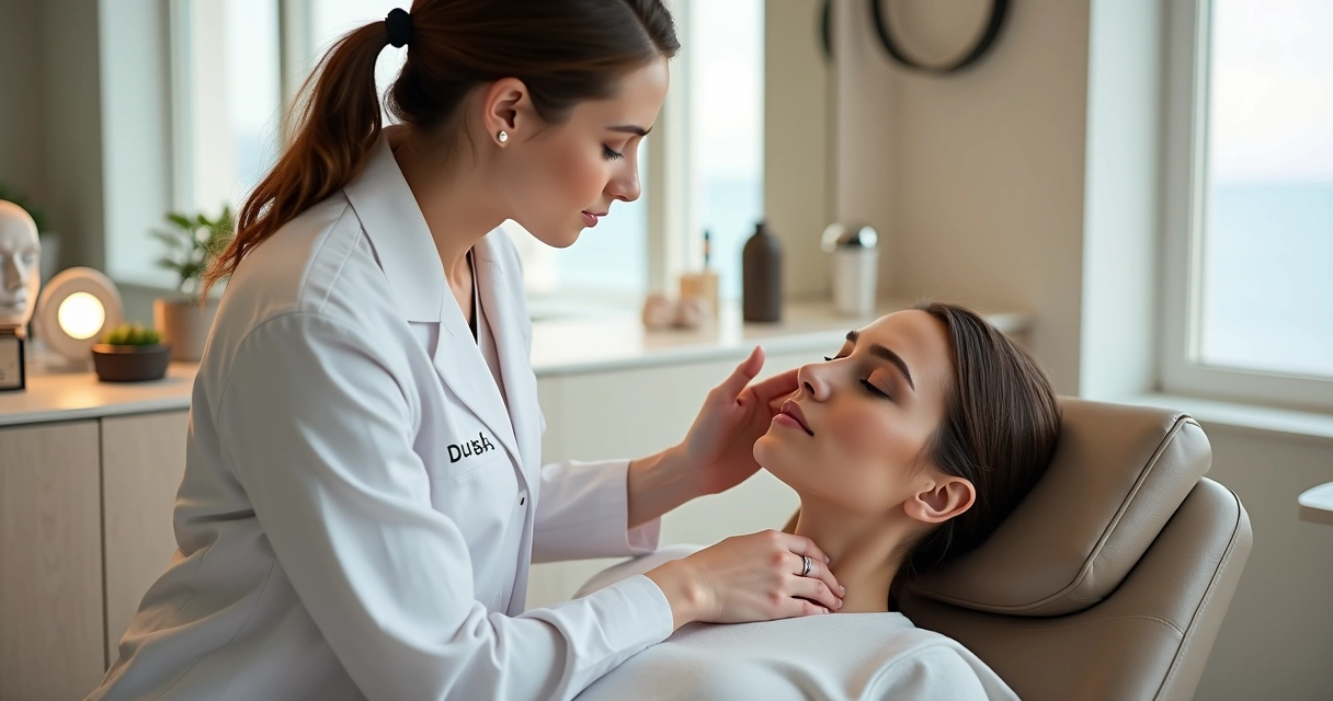 Médica avaliando rosto de paciente em consultório moderno de harmonização facial 