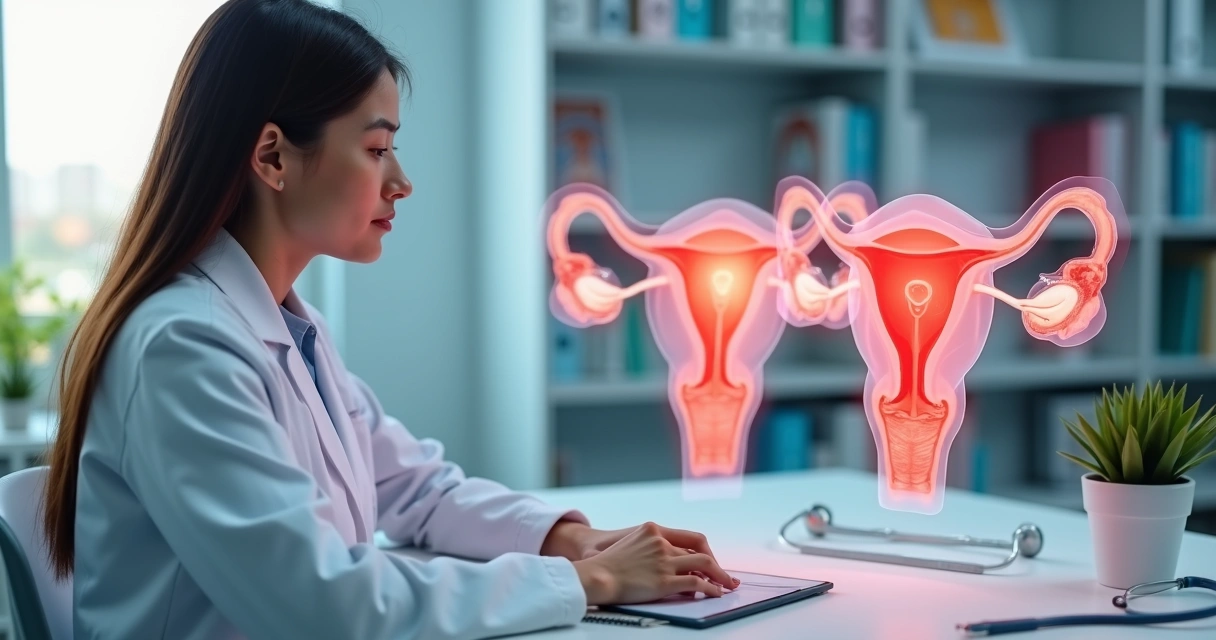 Médica analisando modelo 3D do útero com aderências intrauterinas 