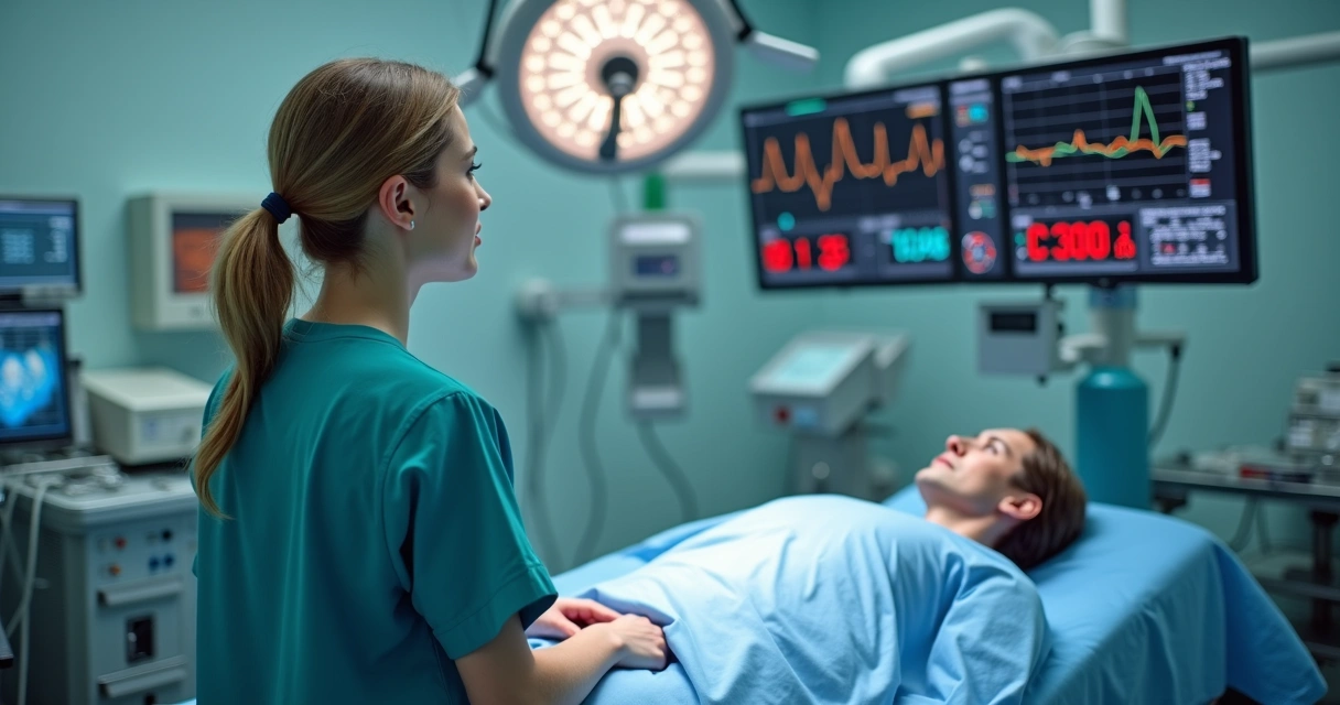Médica monitorando sinais vitais de paciente durante anestesia 