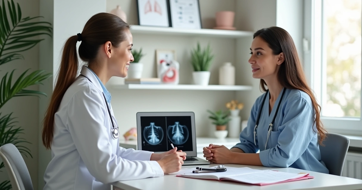 Médica oncologista consultando paciente em ambiente acolhedor e iluminado 