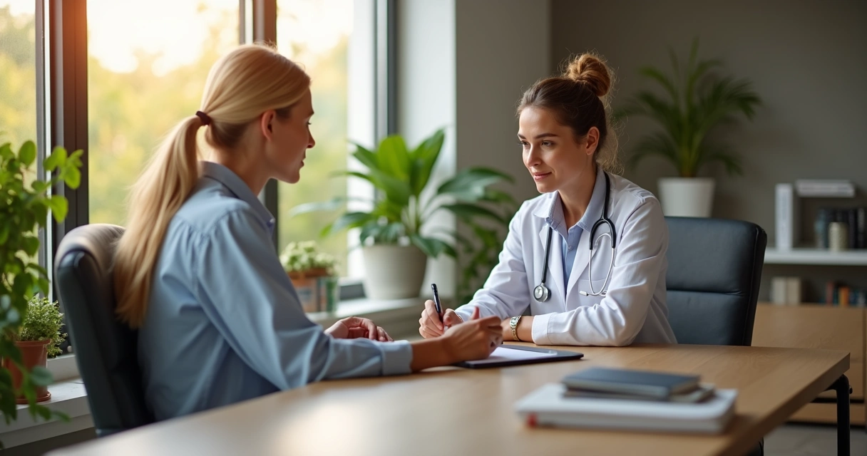 Médica oncologista atendendo paciente em consultório com ambiente acolhedor e moderno 
