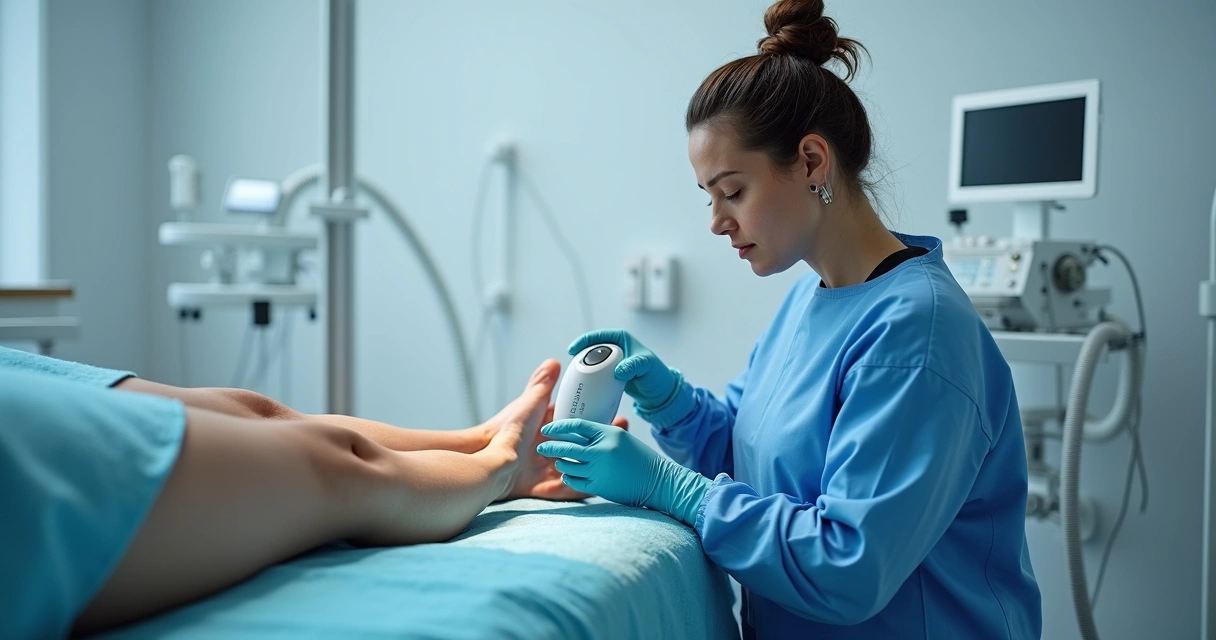 Médica realizando tratamento moderno para vasinhos nas pernas 