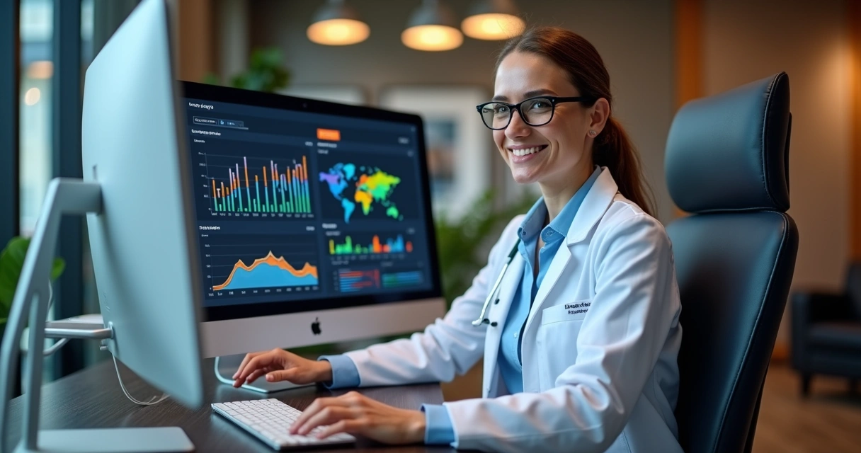 Médica sorridente analisando gráficos de desempenho em um monitor 