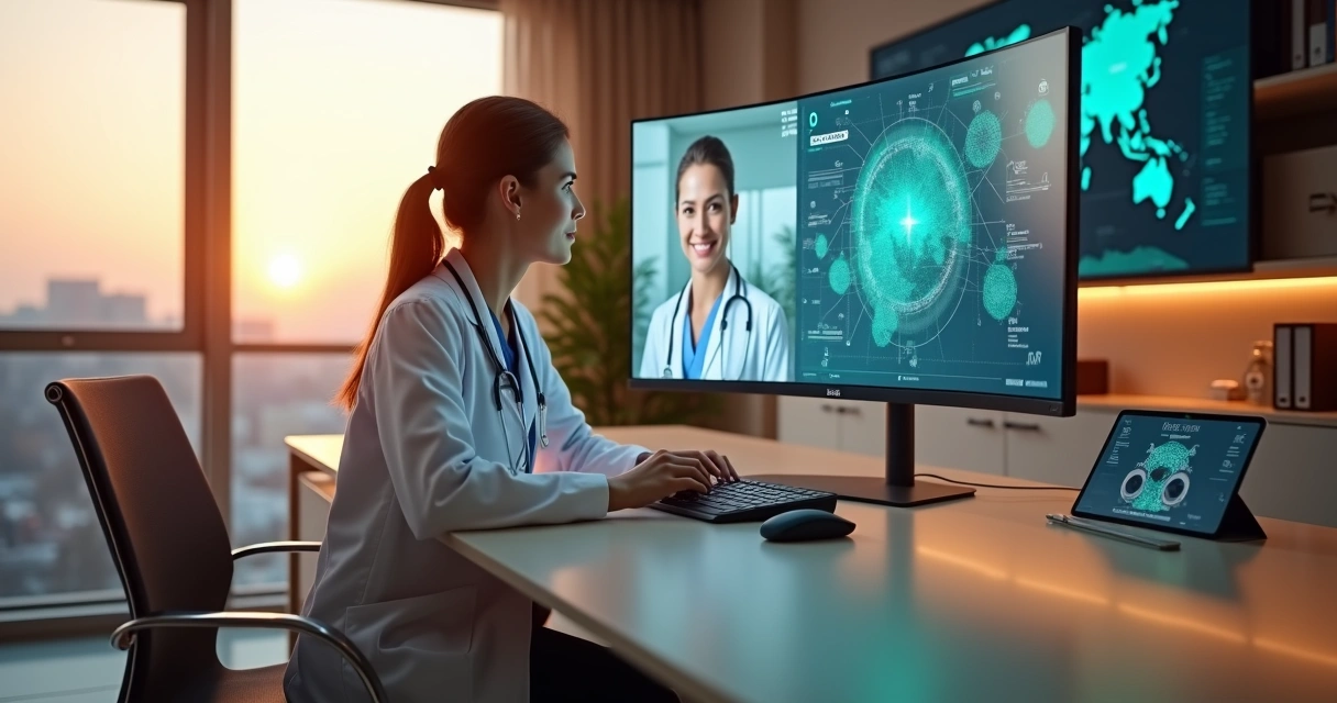 Médica em pequena clínica usando painel digital de telemedicina 