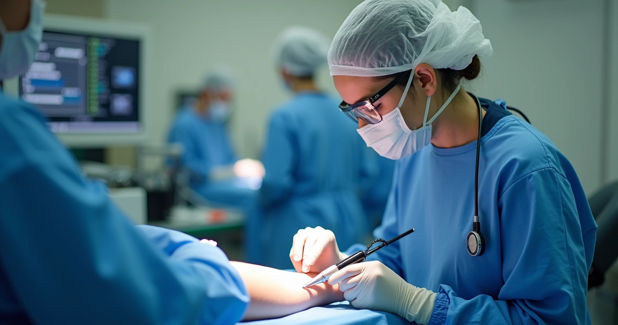 Médica realizando tratamento moderno de varizes em clínica em Campinas 