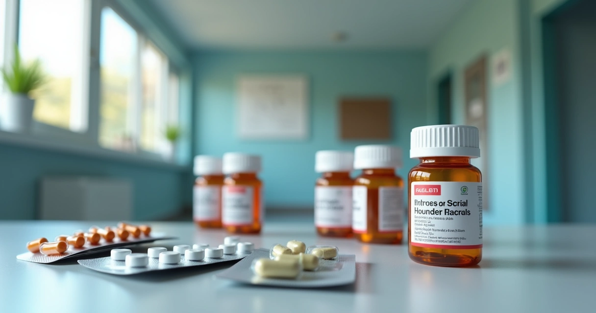 Embalagens de medicamentos antirretrovirais alinhadas em uma mesa 