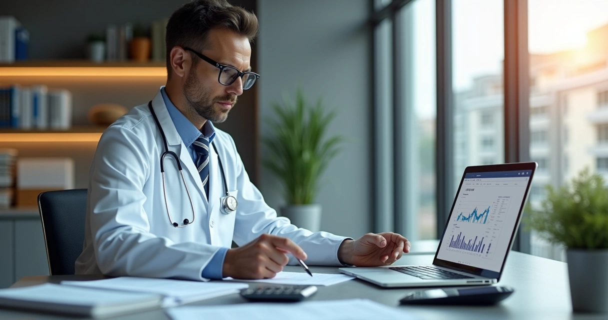 Medical professional analyzing financial charts on a laptop at a modern office desk