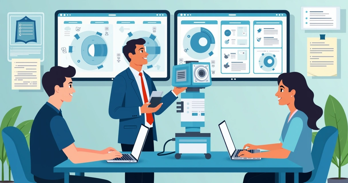 Sales team using computers to configure medical equipment for a hospital client. 