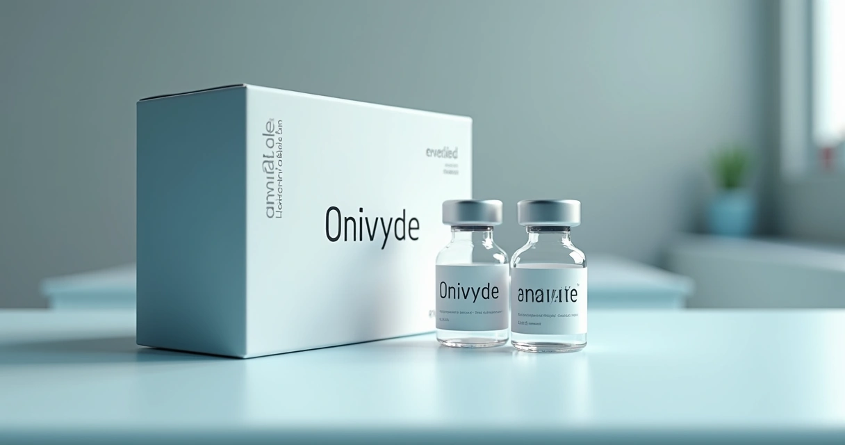 Caixa e frascos de ONIVYDE em bancada clara. 