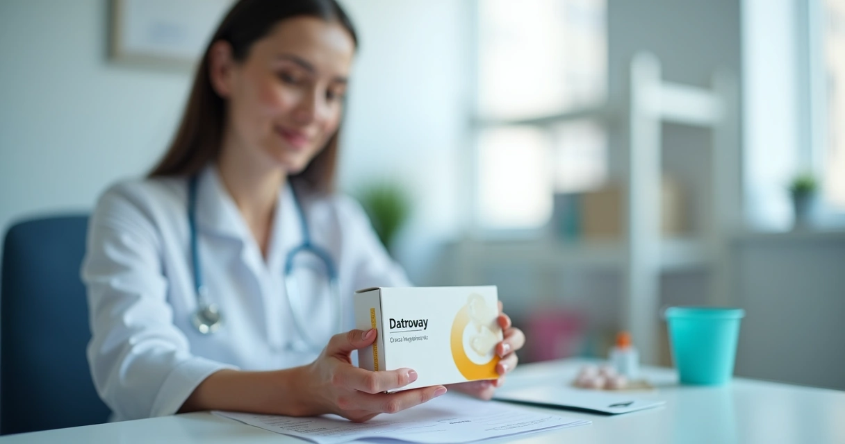 Médico segurando caixa de medicamento Datroway 