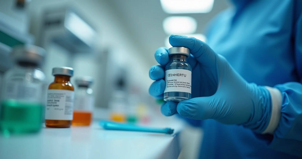 Frasco de medicamento sendo manipulado por profissional de saúde no hospital 