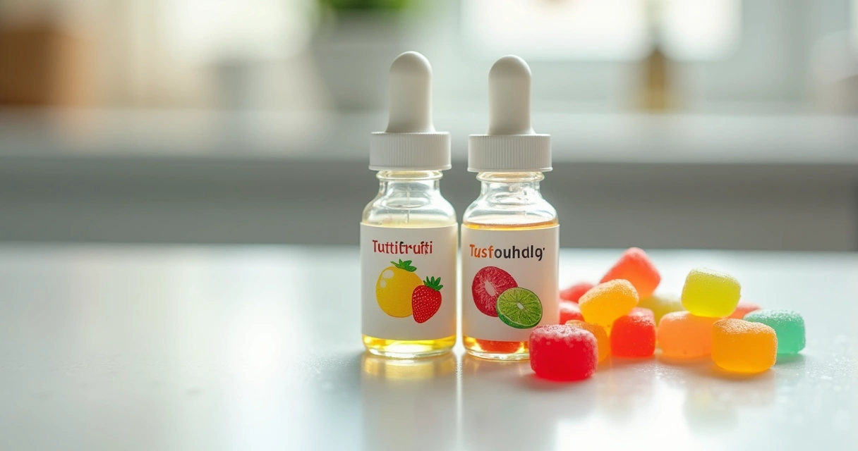 Frascos de remédio infantil em gotas com sabor tutti-frutti e gomas medicinais coloridas para crianças sobre superfície branca 