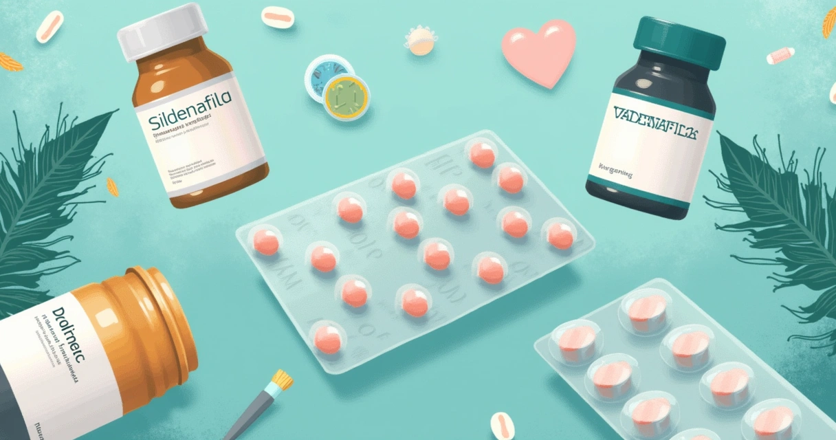 Quatro medicamentos orais para disfunção erétil em uma mesa de madeira, com blister e potes visíveis.