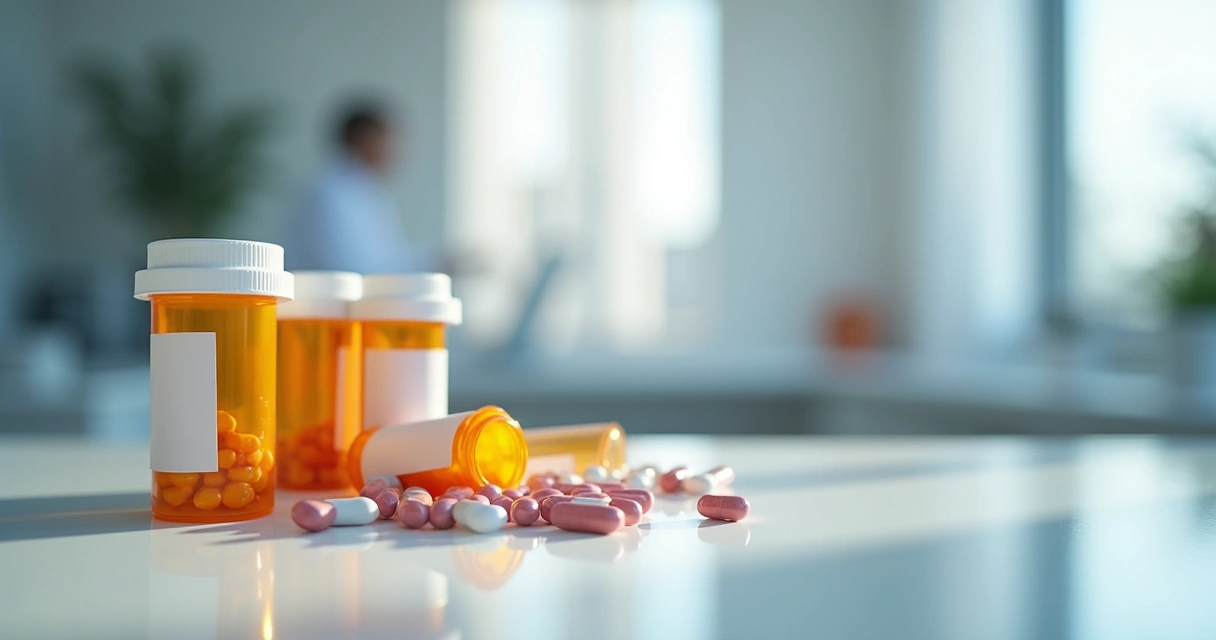 Frascos de medicamentos, comprimidos e dispositivos médicos sobre mesa branca com fundo clínico moderno 