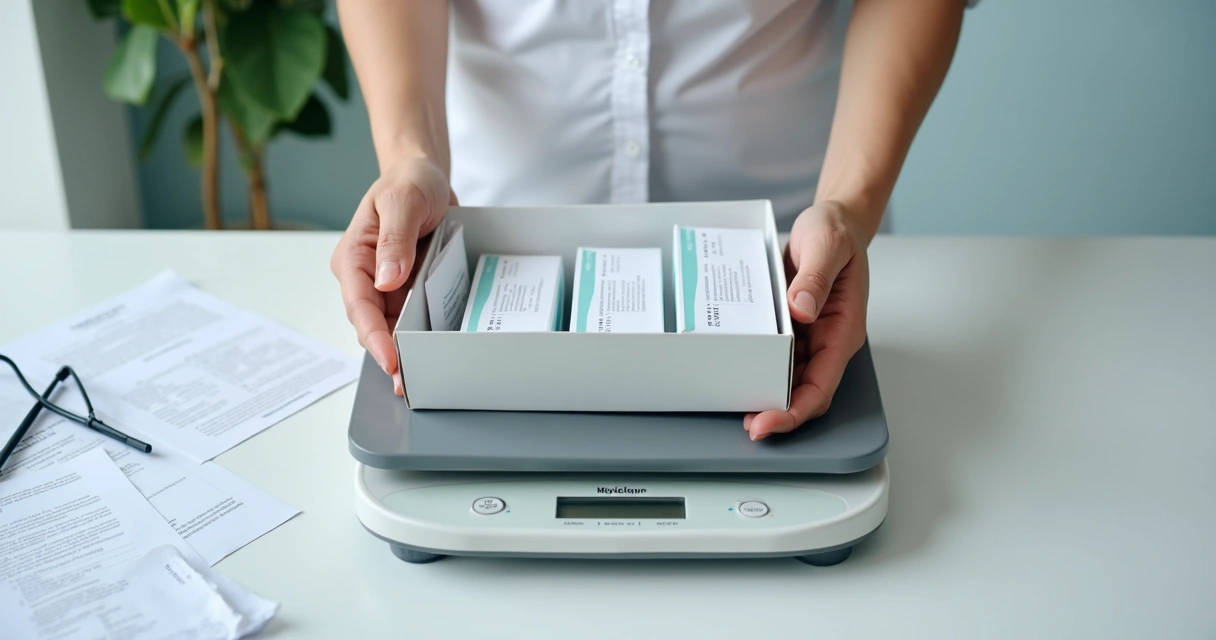 Pessoa segurando caixas de medicamentos ao lado de uma balança de peso