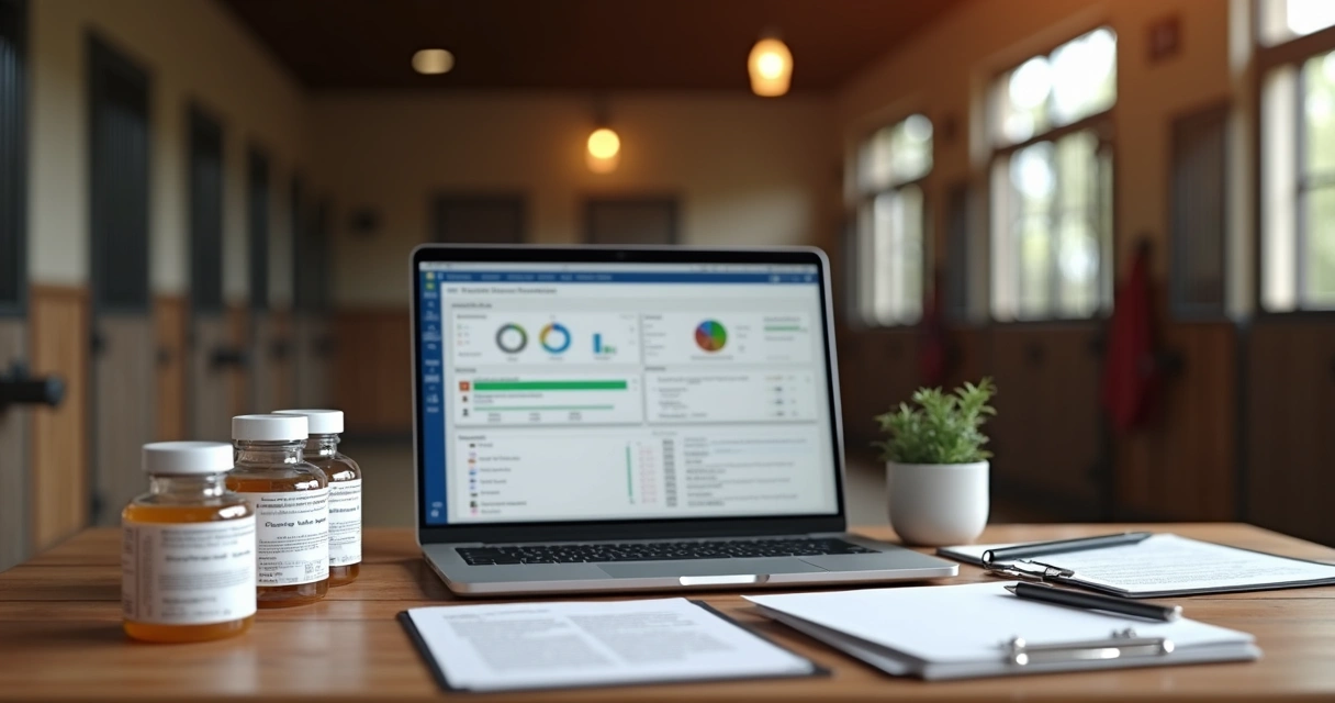 Medicamentos veterinários organizados sobre uma mesa ao lado de um computador e materiais de escritório em um haras 