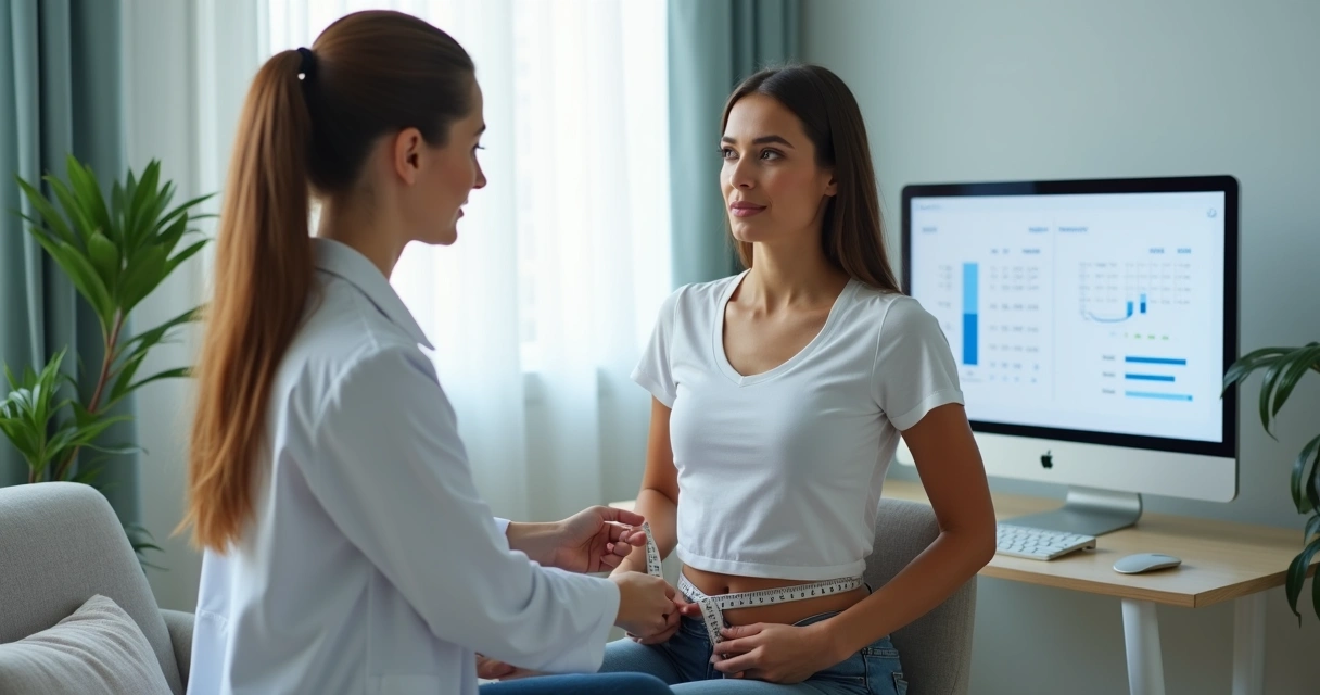 Nutricionista avaliando medidas antropométricas de paciente em consultório 