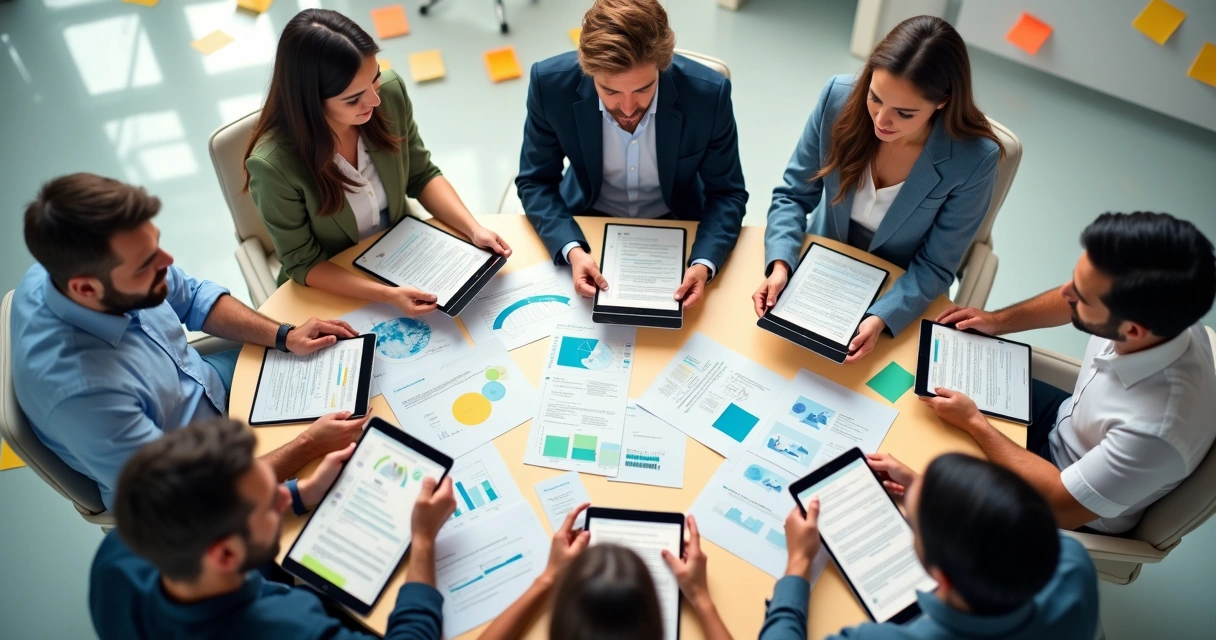 Representação de pessoas avaliando bem-estar no ambiente de trabalho, com papéis, gráficos e expressões diversas. 