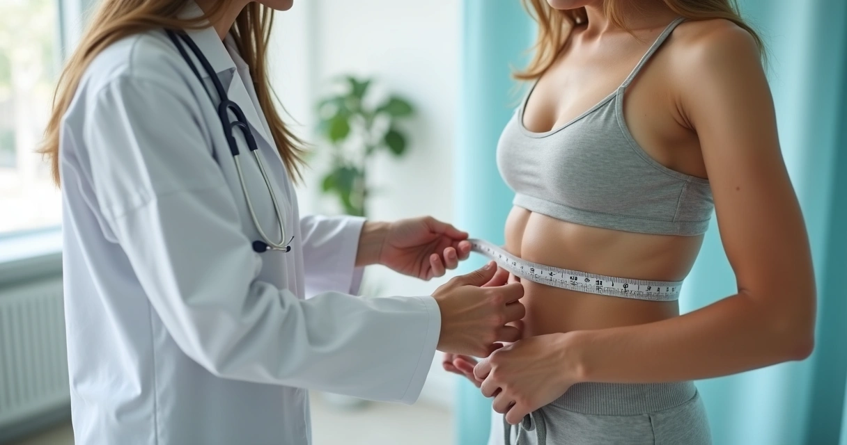 Profissional medindo circunferência abdominal de paciente em consultório 