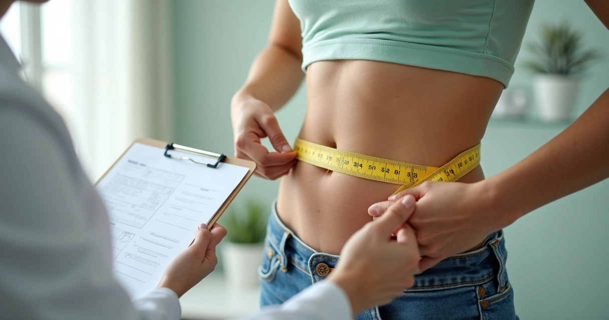 Fita métrica na medição da cintura abdominal 