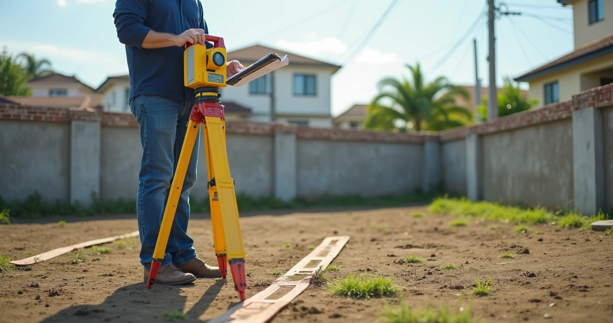 Profissional mede terreno com equipamento topográfico em área urbana 