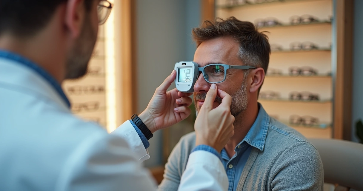 Optometrista medindo distância pupilar de um cliente com pupilômetro digital 