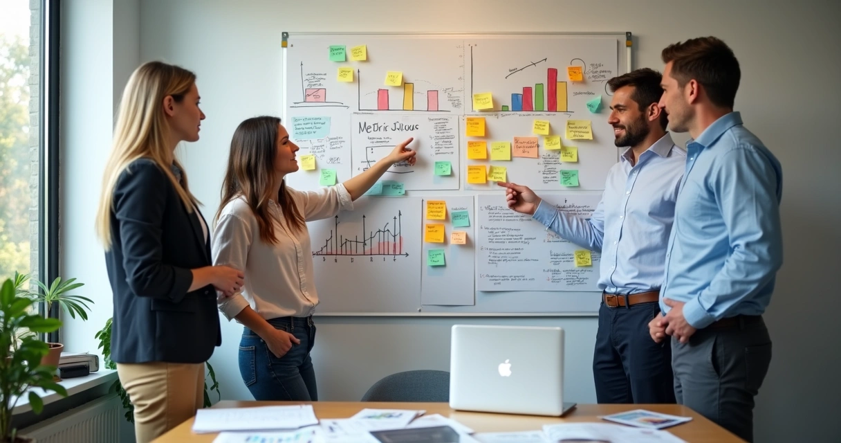 Quadro branco com post-its coloridos e gráficos de cultura organizacional em destaque 