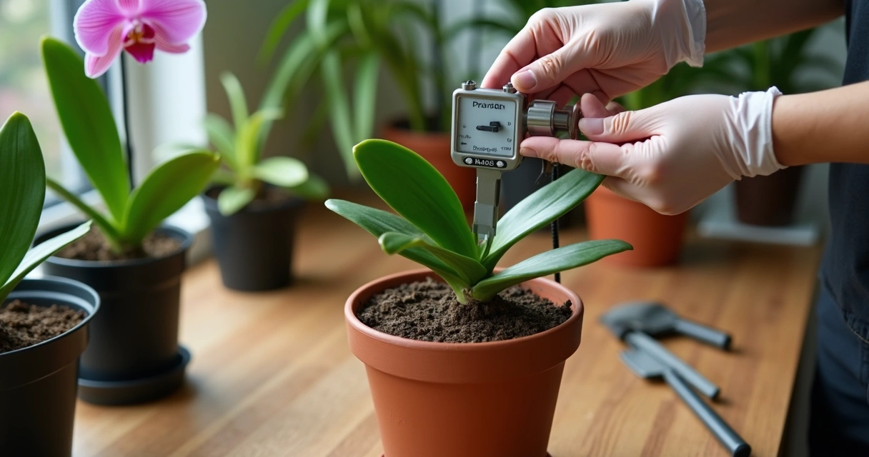 Orquidófilo medindo orquídea com orquidômetro 