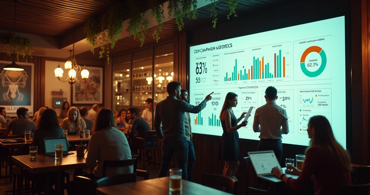 Equipe observa painel com métricas de campanha OOH em bar movimentado 