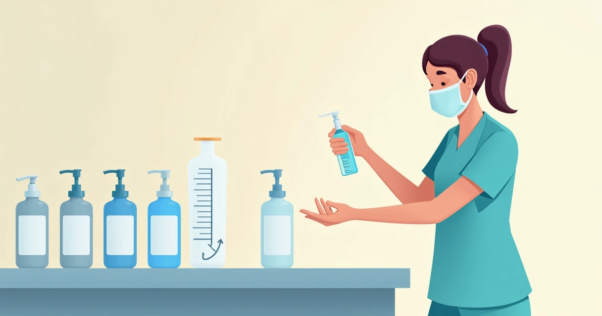 Profissional de saúde medindo volume de produto de higiene para as mãos 