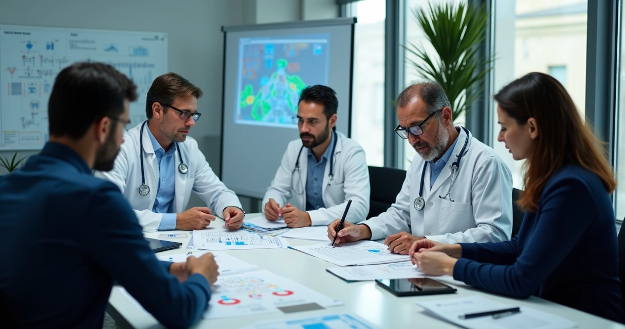 Profissionais de medicina e engenharia analisando documentos técnicos em várias línguas. 