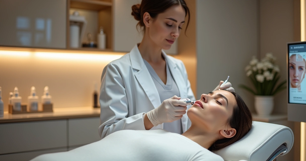 Profissional realizando procedimento de medicina estética com equipamentos modernos ao fundo 