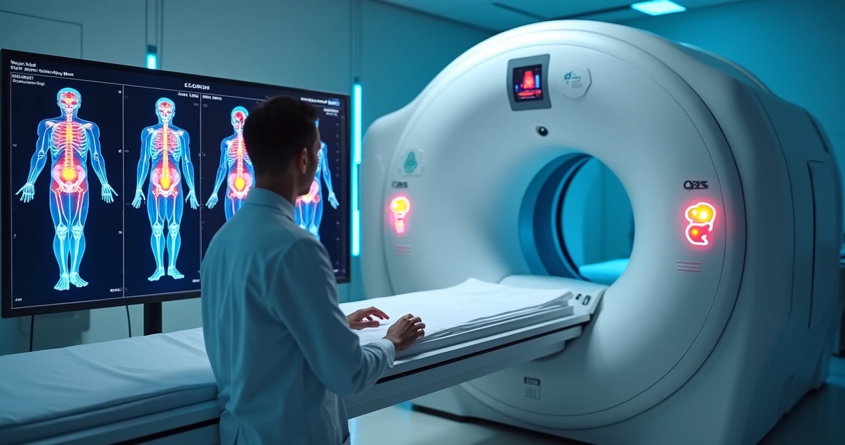 Equipamento de medicina nuclear destacando áreas suspeitas em imagens de tumores 