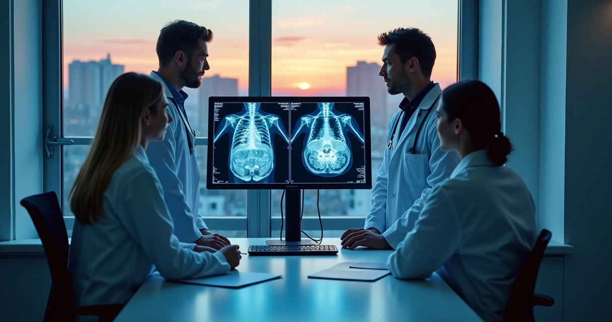 Equipe médica avaliando imagens de exames de oncologia e medicina nuclear 