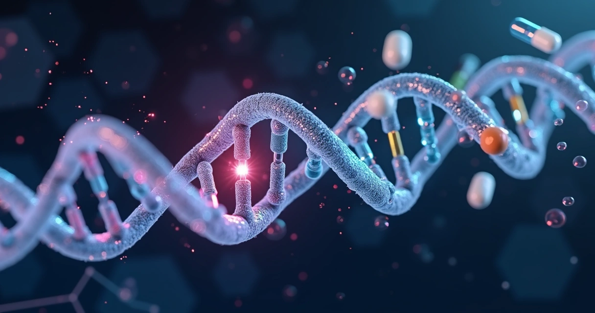Sequência de DNA em formato de dupla hélice ligada a comprimidos coloridos sobre fundo escuro 