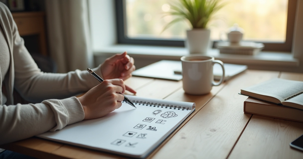 Persona reflexionando frente a gráfico de cinco pasos sobre madurez emocional 