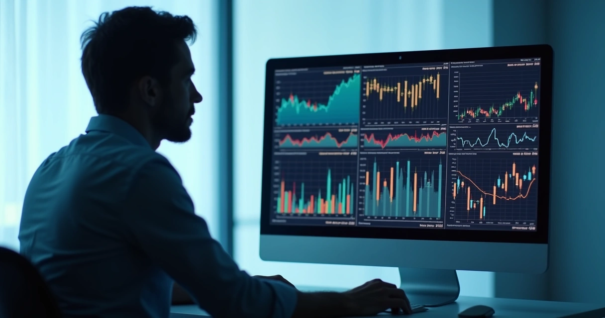 Pantalla de computadora con gráficos de datos y silueta humana 