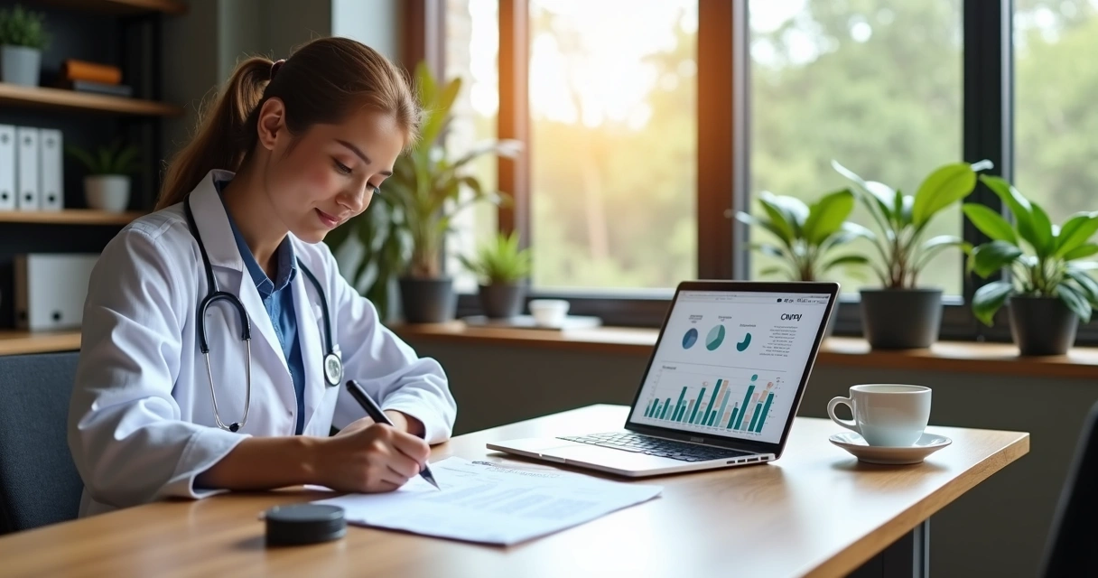 Médico recém-formado assinando documentos de abertura de CNPJ em escritório moderno e iluminado 