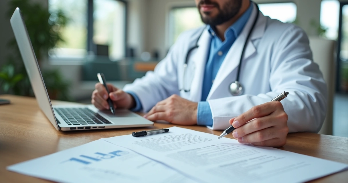 Médico preenchendo formulário para abrir empresa na mesa com notebook e documentos