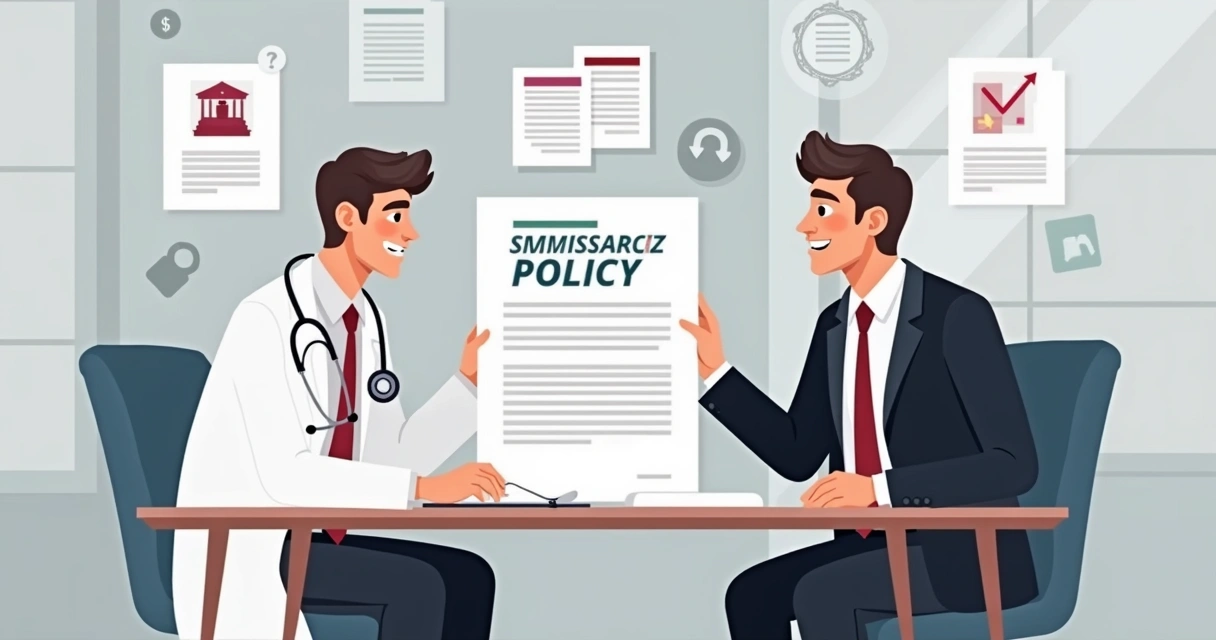 Médico e advogado analisando apólice de seguro de vida na mesa 