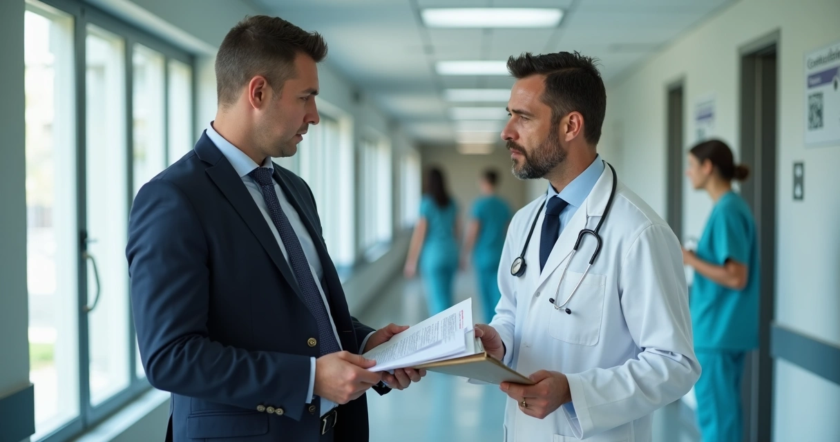 Médico preocupado em corredor de hospital conversando com advogado corporativo 