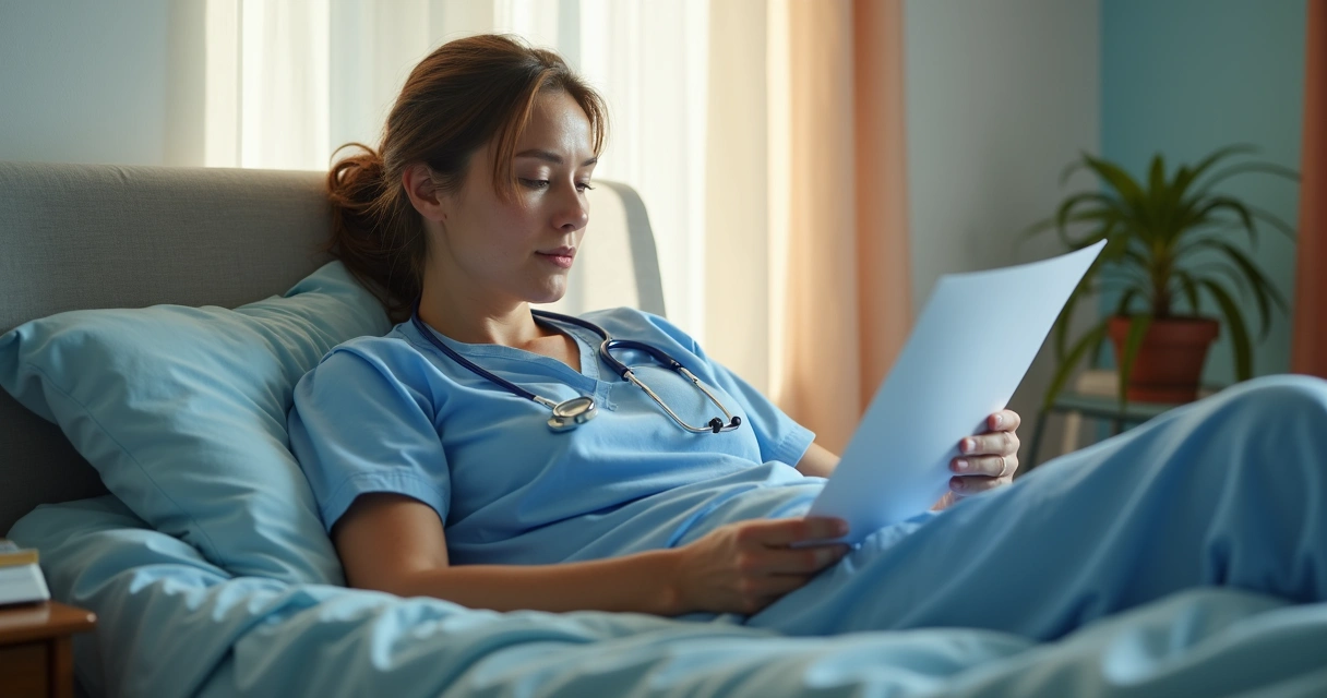 Profissional de saúde deitado em repouso mostrando documentação médica
