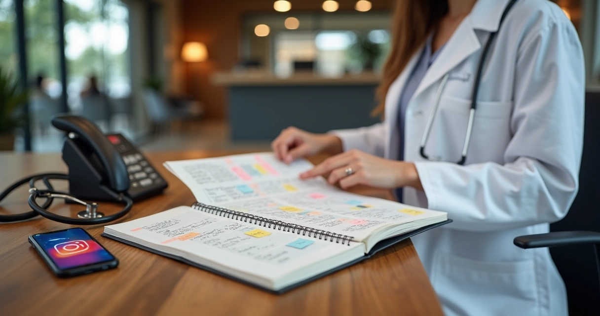 Médico segura agenda lotada enquanto ignora ícones de redes sociais 