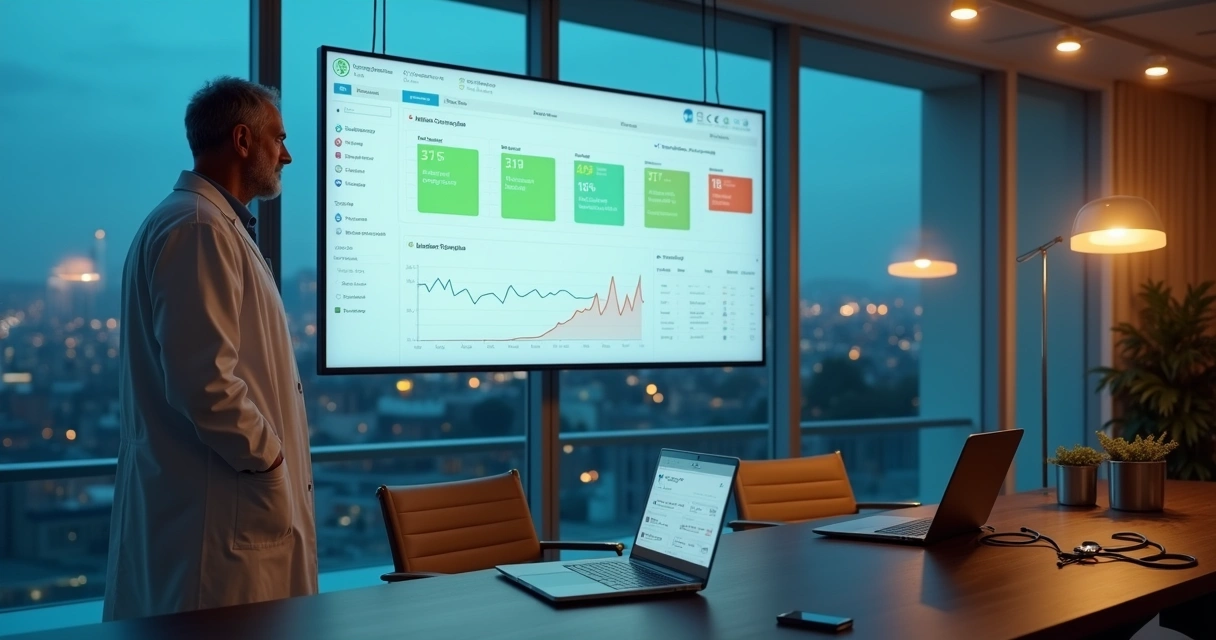 Médico analisa agenda cheia em consultório moderno enquanto observa gráficos de marketing na tela 