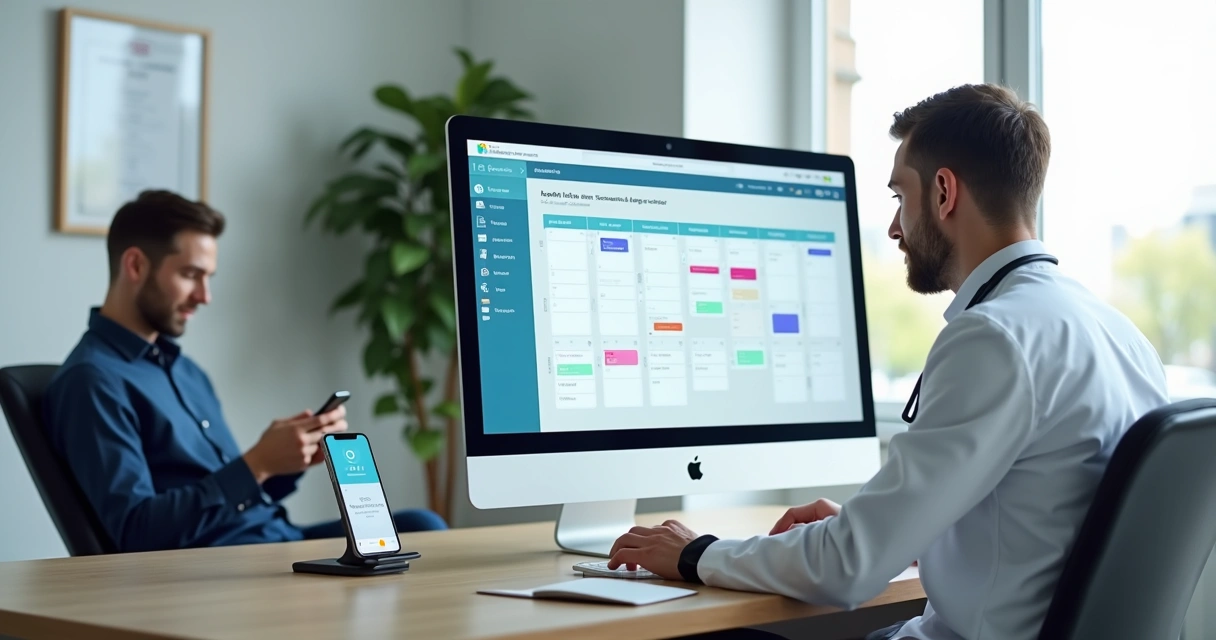 Médico usando computador com sistema de agendamento online em clínica moderna 