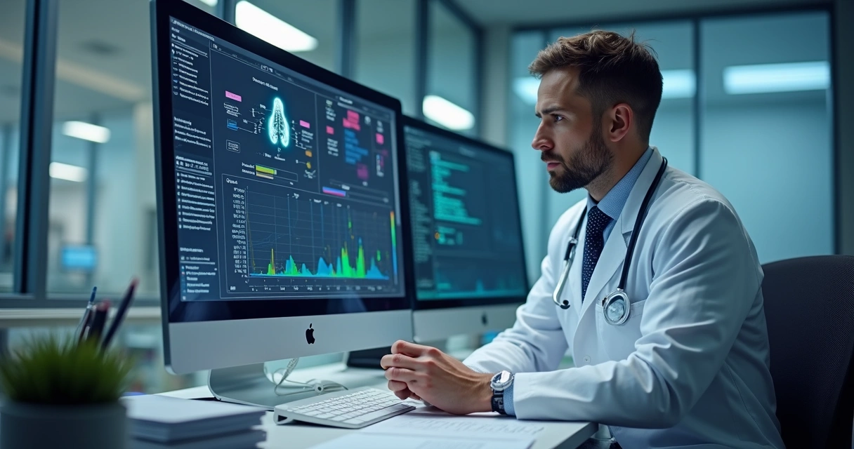 Médico revisando tela de computador com explicação visual de algoritmo em diagnóstico 