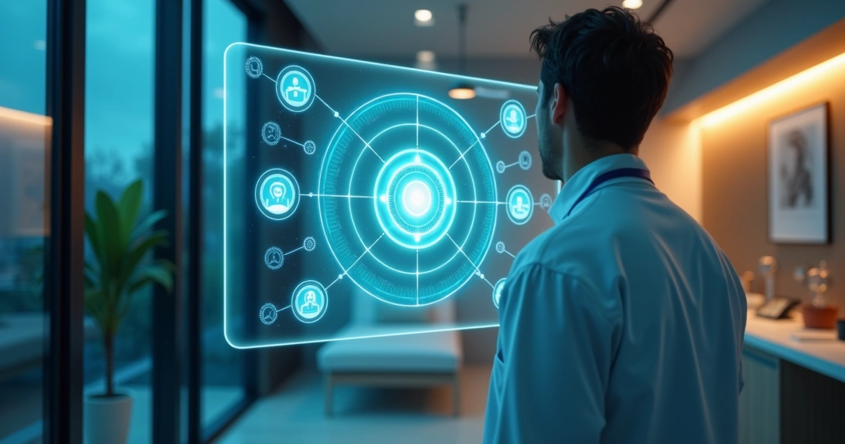 Médico observa em pé um alvo digital com ícones de pacientes conectados 